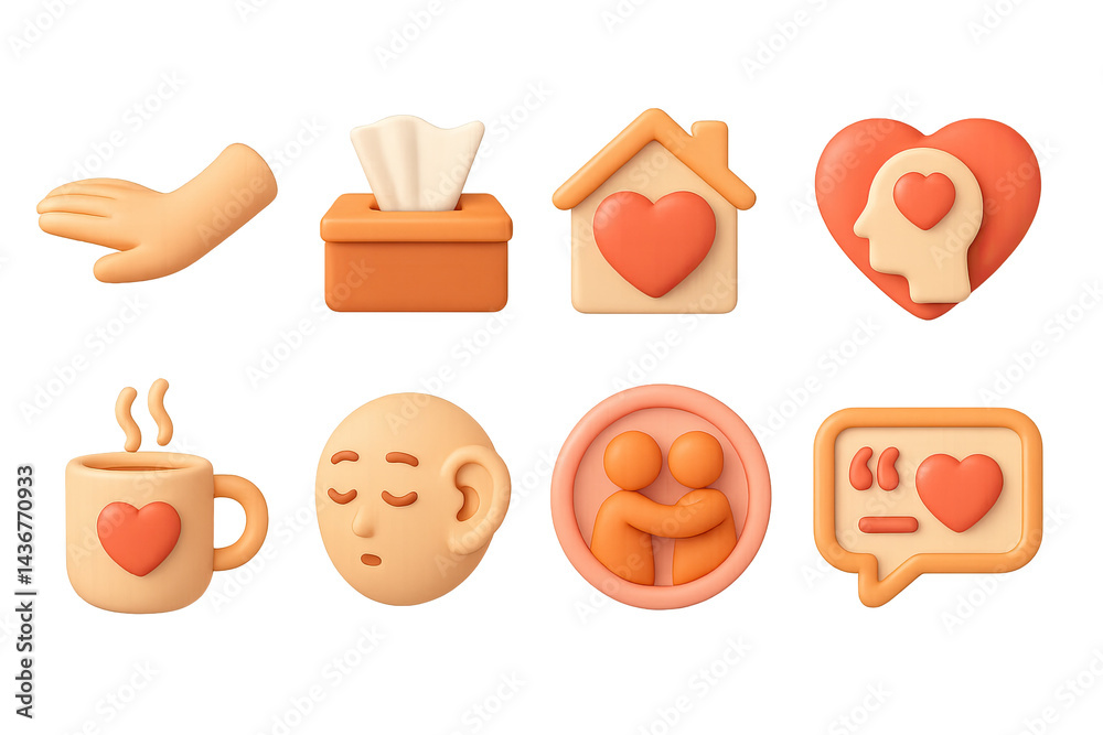 Empathy and compassion 3d icons set – emotional support, mental health, and kindness symbols in solid style: helping hand, tissue box, home with heart, empathy head, coffee mug, calm face, hugging