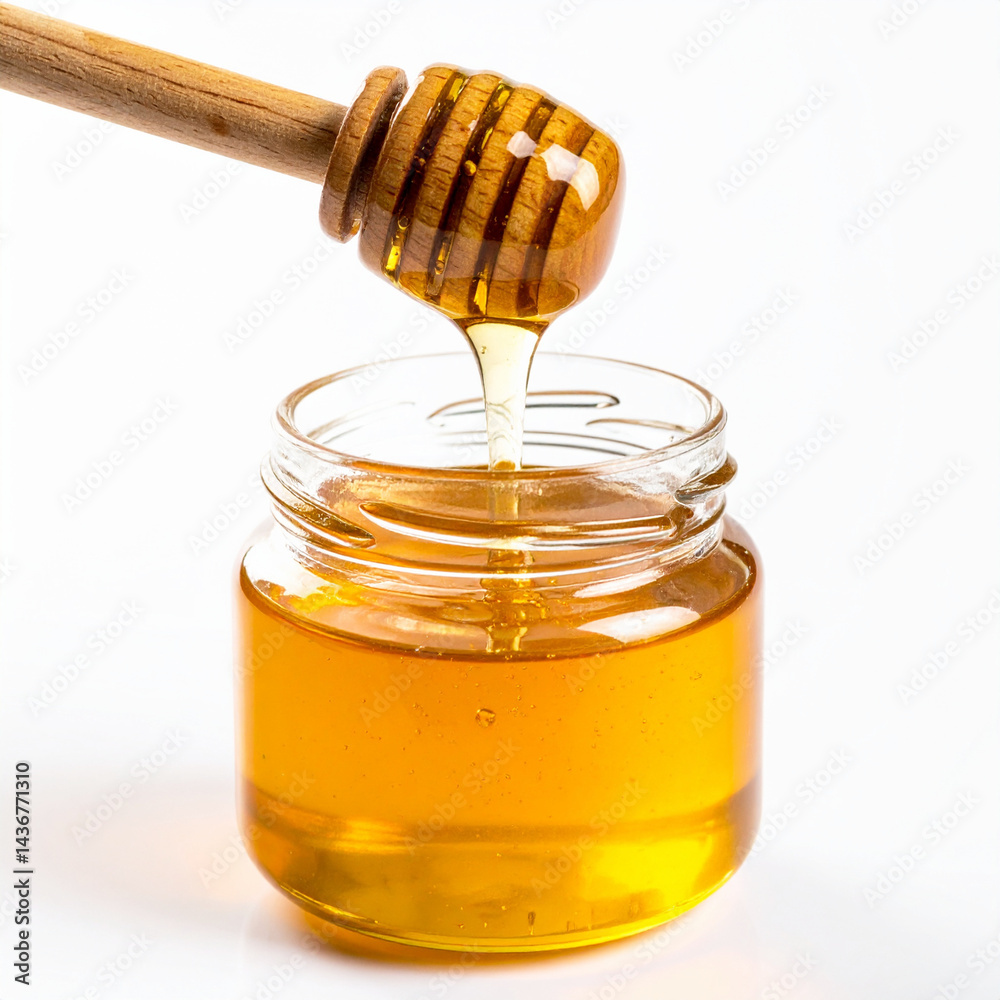 Honey dripping from a wooden dipper into a glass jar, white background. AI Honey dripping from a wooden dipper into a glass jar, white background. AI