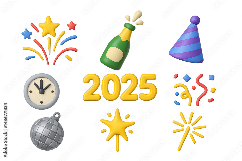 New year celebration icons set – 3d style party, festivity, and holiday symbols: fireworks, champagne, party hat, clock, disco ball, sparklers, confetti, 2025