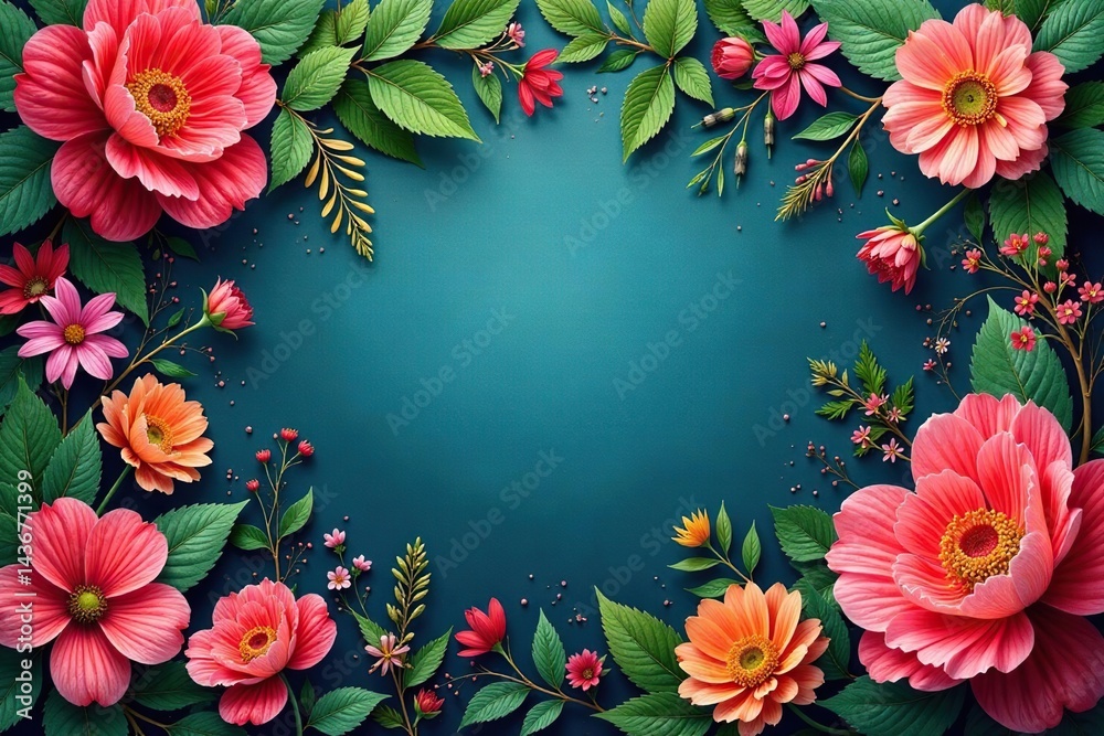 Fototapeta premium Intricate floral tapestry, vibrant blooms & lush leaves, rich, woven, pattern