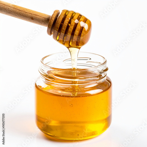 Honey dripping from a wooden dipper into a glass jar, white background. AI
