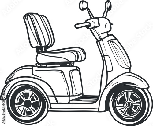 Black and white illustration of a three-wheeled mobility scooter with seat and handlebars for personal transportation.