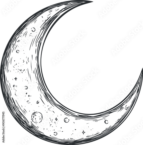 Hand-drawn black and white crescent moon illustration with craters and texture in sketch style