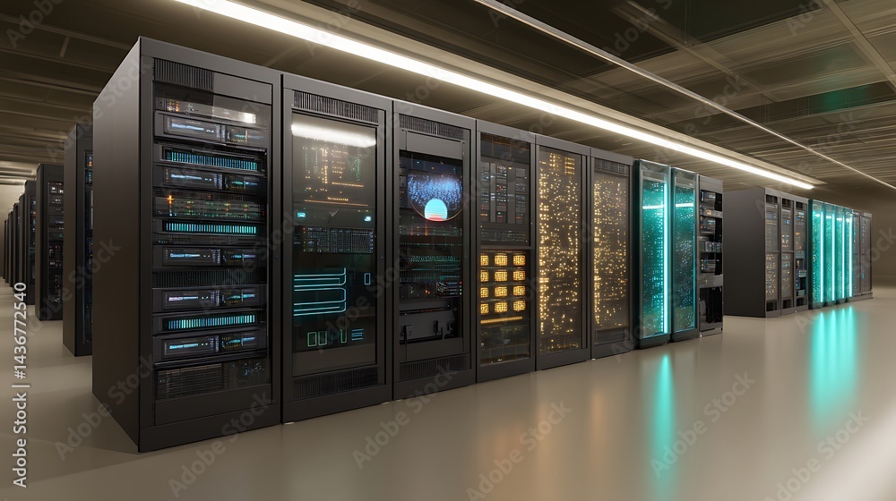 A data center using virtualization technology to run multiple virtual machines on a single server, enhancing efficiency and reducing costs A data center using virtualization technology to run multiple virtual machines on a single server, enhancing efficiency and reducing costs