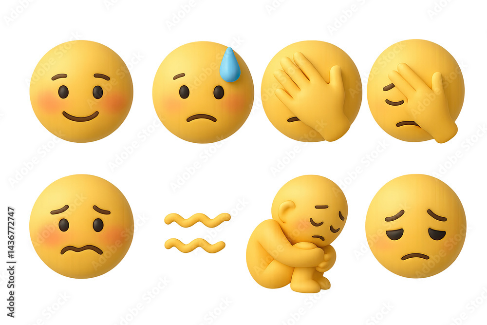 Emotional expression 3d emoji icon set - isometric communication, emotion, and reaction symbols for social media: smile, sad, sweat, facepalm, hug, embarrassed, worried.