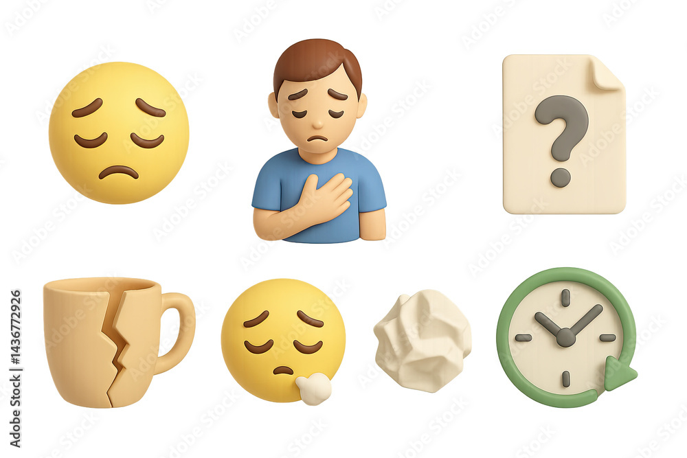 Mental health 3d icon set – anxiety, stress, depression symbols for awareness: sad face, heartbroken person, question mark, broken mug, crying face, crumpled paper, clock