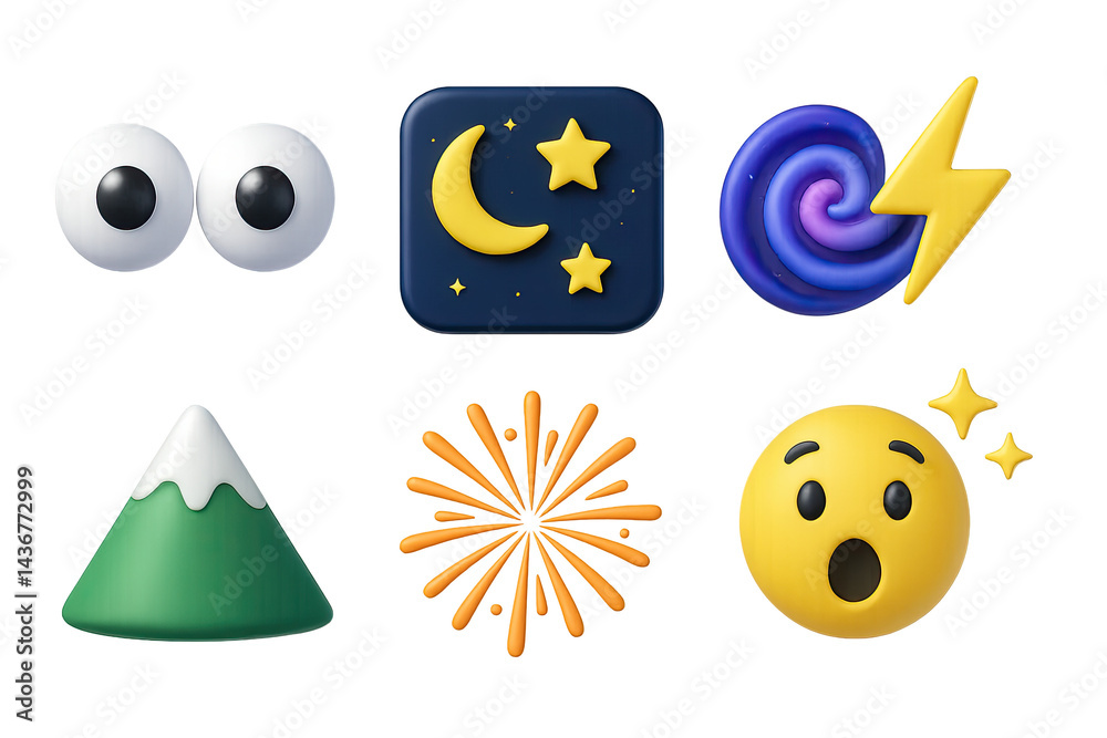Whimsical emoji and nature icon set – 3d style expressions and elements for creative projects: eyes, moon and stars, spiral, lightning, mountain, fireworks, surprised face.