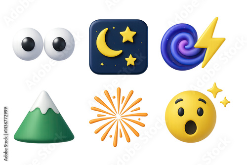 Whimsical emoji and nature icon set – 3d style expressions and elements for creative projects: eyes, moon and stars, spiral, lightning, mountain, fireworks, surprised face.