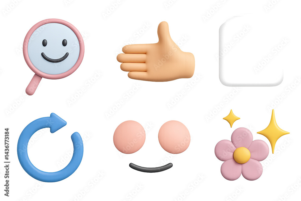 Emoji and emoticon 3d icons set – solid style digital, messaging, and social media symbols for app design: smiley, thumbs up, refresh, eyes, flower, sparkle, mirror