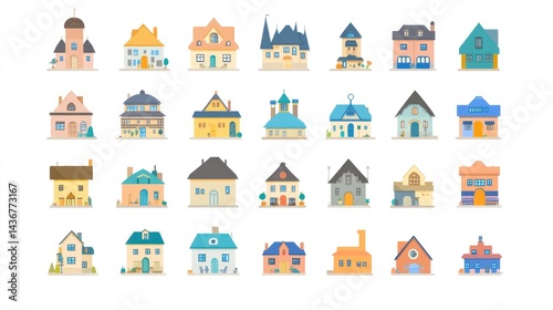 Colorful house icons; various styles, architecture; white background; real estate illustration