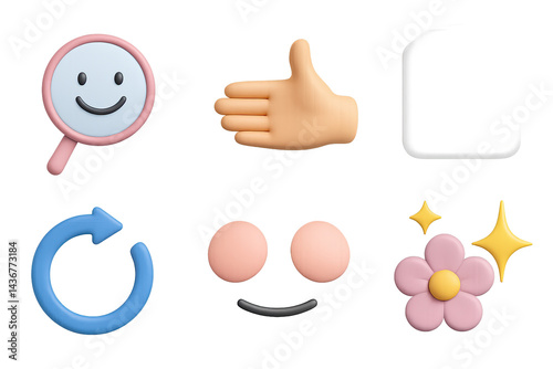 Obraz na płótnie Emoji and emoticon 3d icons set – solid style digital, messaging, and social media symbols for app design: smiley, thumbs up, refresh, eyes, flower, sparkle, mirror w salonie