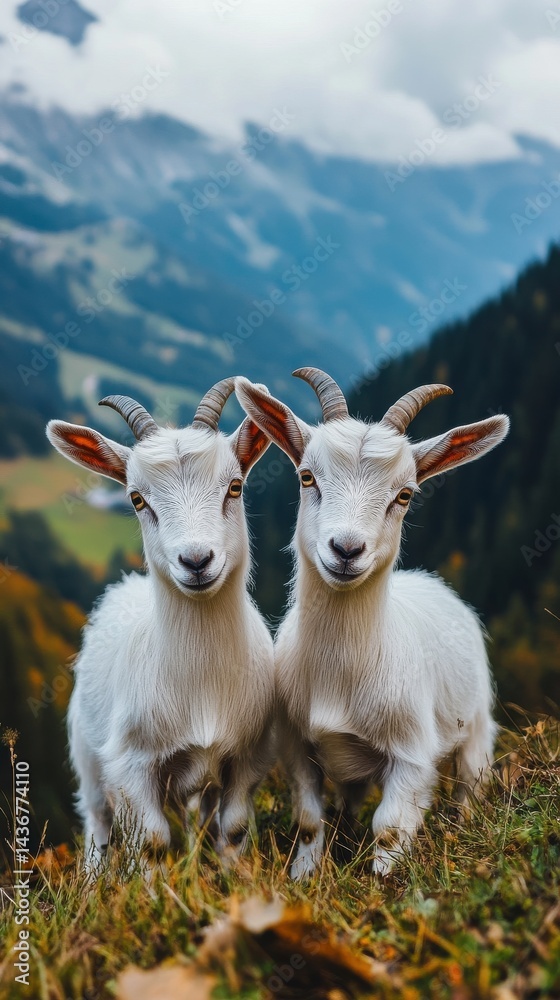 Fototapeta premium Two adorable white goats stand together in a picturesque mountain landscape, surrounded by greenery.