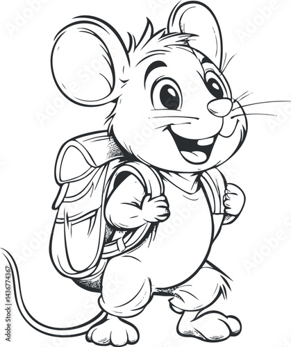 Black and white cartoon illustration of a cheerful mouse character wearing a backpack and smiling.