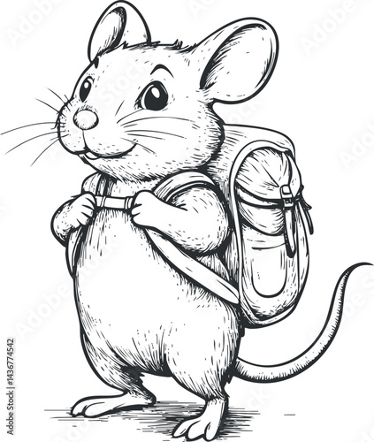 Hand drawn black and white illustration of a cute mouse standing with a backpack ready for adventure or school