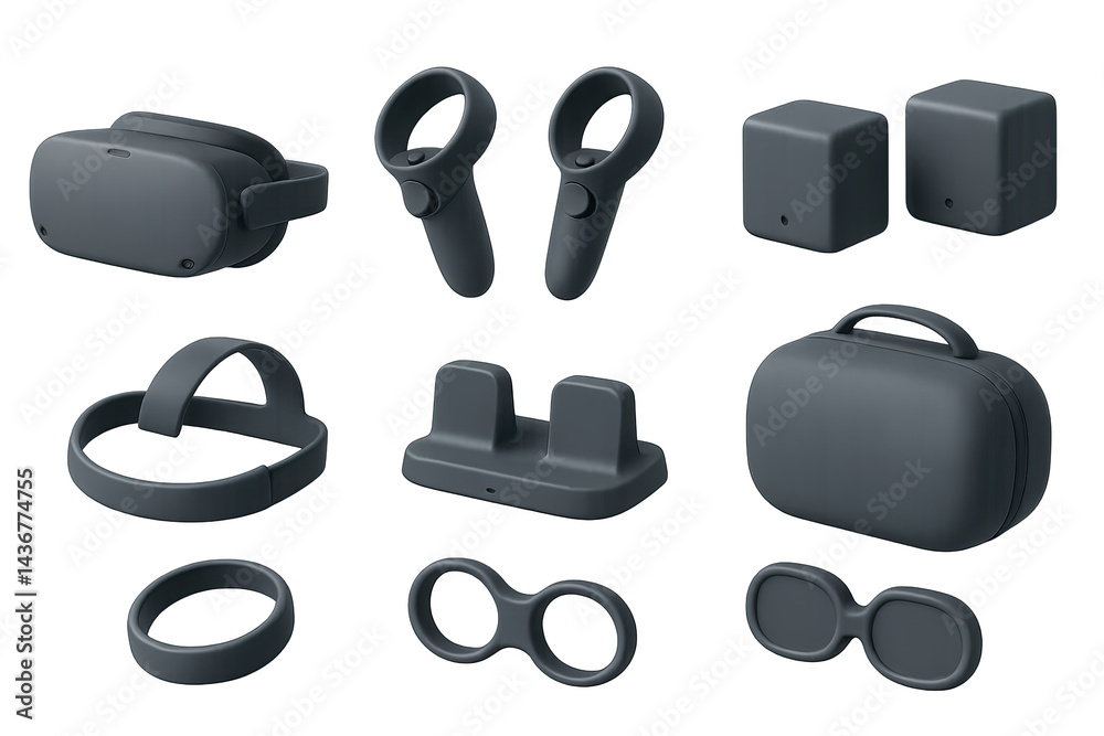Virtual reality gadget icon set – 3d style technology, gaming accessories, and vr equipment symbols: headset, controllers, sensors, docking station, protective case, wristband, lenses