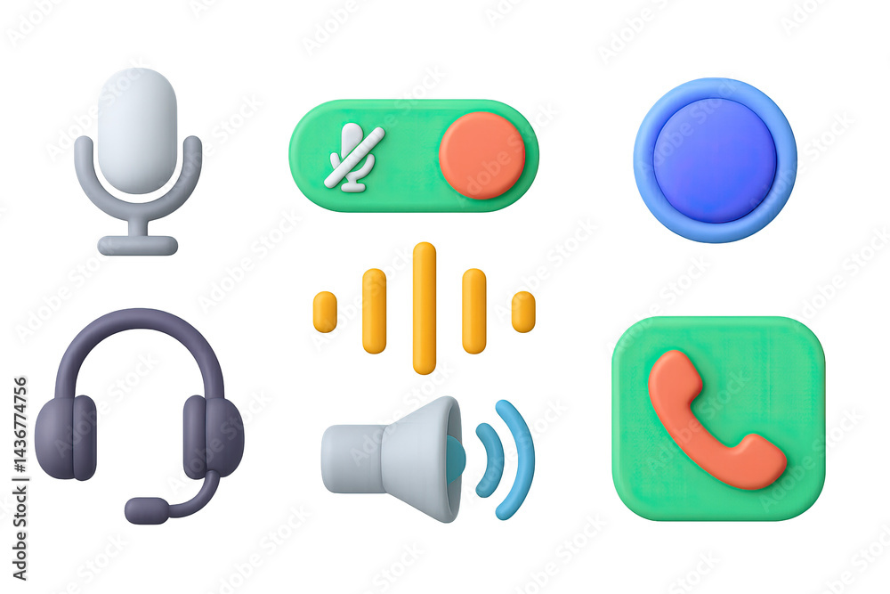Communication and audio 3d icons set – isometric style for podcasting, call, and voice tools: microphone, mute button, sound wave, headset, speaker, call symbol