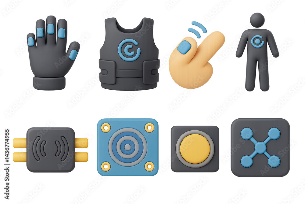 Security and technology 3d icons set – isometric style digital protection, safety symbols for cybersecurity: fingerprint, shield, authentication, data link, connectivity, user
