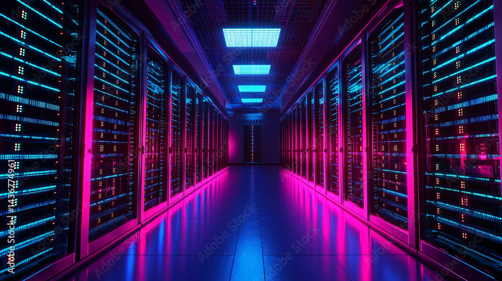 Fototapeta premium optimization of database storage. Futuristic data center with illuminated server racks.