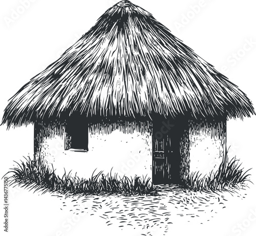 Black and white illustration of a traditional round hut with a thatched grass roof and simple door in a rural setting