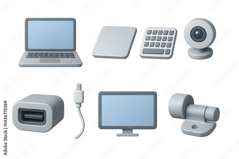 Technology devices 3d icon set – isometric electronics and gadgets collection for digital projects: laptop, tablet, calculator, camera, usb, monitor, webcam, plug.