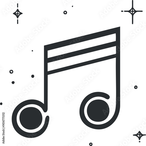 Black double eighth musical note icon illustration with decorative stars around