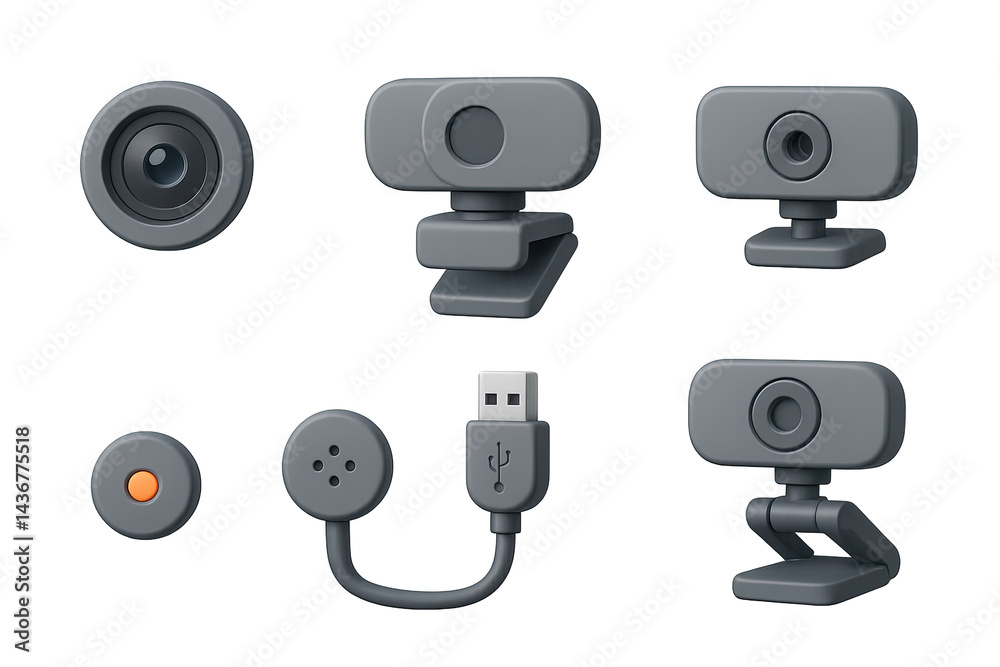 Tech gadgets icon set – 3d style for digital devices, electronics, and innovation: webcam, usb cable, camera lens, microphone, speaker, conference equipment