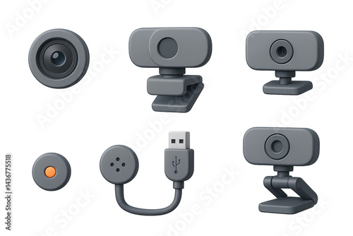 Obraz na płótnie Tech gadgets icon set – 3d style for digital devices, electronics, and innovation: webcam, usb cable, camera lens, microphone, speaker, conference equipment w salonie
