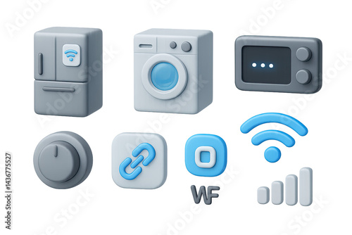 Smart home appliance icons set – 3d style iot connectivity, automation, and technology symbols for modern living: fridge, washing machine, microwave, wifi, smart link, power knob, signal.