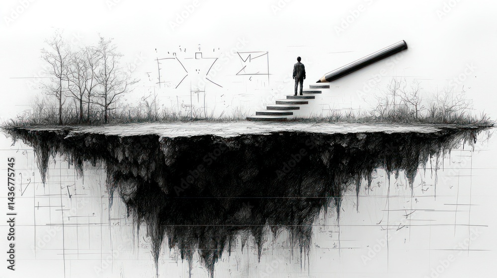Fototapeta premium Floating island, sketched steps, leading upward