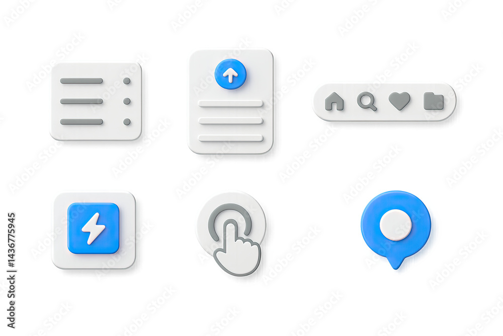 User interface 3d icon set – isometric style ui, ux, and navigation symbols for app development: menu, upload, toolbar, power button, pointer, notification.