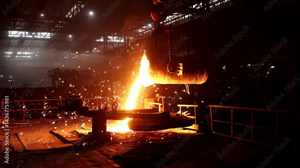 Metal casting process in metallurgical plant, liquid hot metal pouring into molds