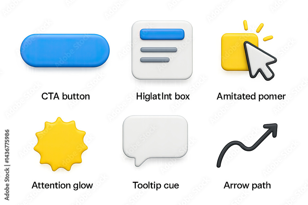 Digital marketing interface 3d icons set – enhance ui with click, engagement, and navigation symbols: cta button, notification box, pointer, attention glow, tooltip, arrow path.