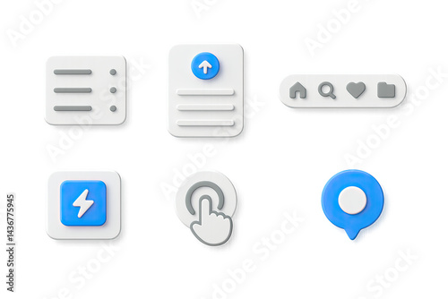 Obraz na płótnie User interface 3d icon set – isometric style ui, ux, and navigation symbols for app development: menu, upload, toolbar, power button, pointer, notification. w salonie