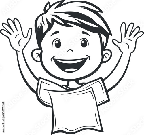Black and white cartoon illustration of a happy smiling boy with hands raised in excitement and joy