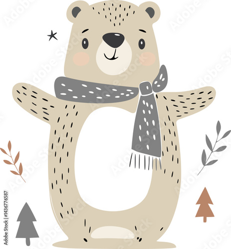 A cartoon bear with a scarf around its neck. The bear is smiling and he is happy