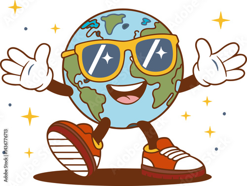 A cartoon character wearing sunglasses and a pair of red shoes. The character is smiling and has a happy expression