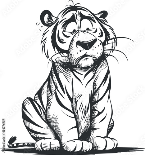 Sad cartoon tiger sitting with droopy eyes and striped fur in black and white illustration