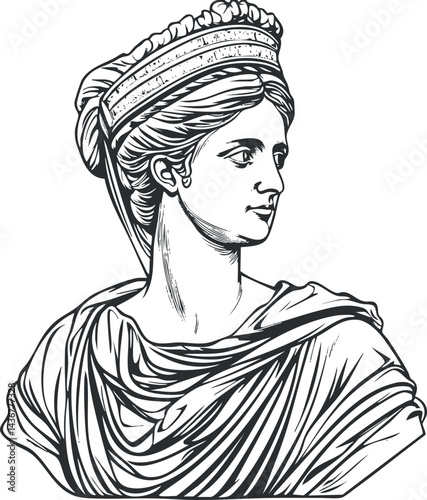 Detailed black and white line art of a classical bust sculpture of a woman in draped clothing with a headpiece