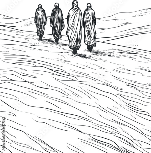 Black and white illustration of four cloaked people walking across sand dunes in a desert landscape