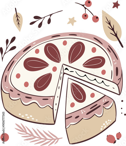 A slice of cake with a leaf on it. The cake is cut in half. There are berries on the cake