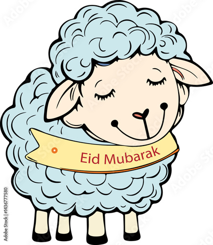 A cartoon sheep with a yellow ribbon around its neck and the words Eid Mubarak written on it. The sheep is smiling and he is sleeping