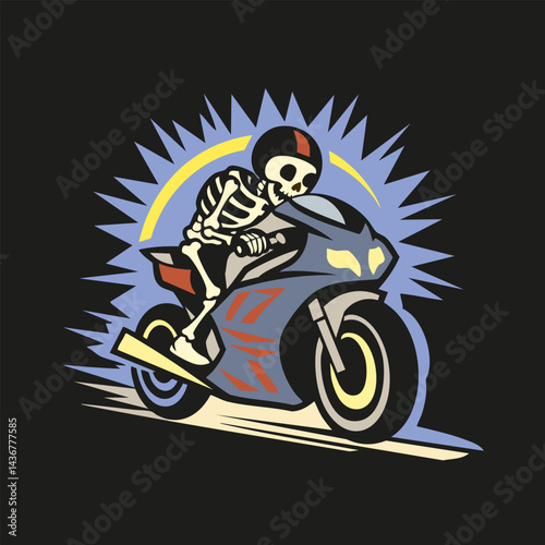 A skeleton is riding a motorcycle. The motorcycle is blue and red. The skeleton is wearing a helmet