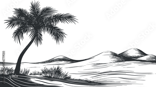 Black and white sketch of a palm tree in a desert landscape with sand dunes and sparse vegetation.