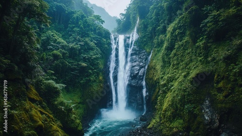 Majestic Waterfall Cascading Through Lush Green Jungle Landscape View