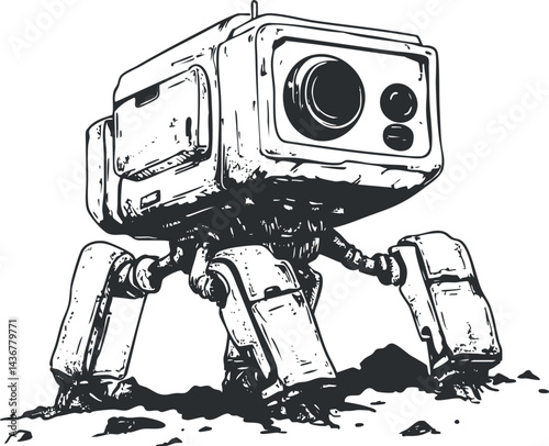 Black and white sketch of a four-legged robotic machine with a camera lens on top