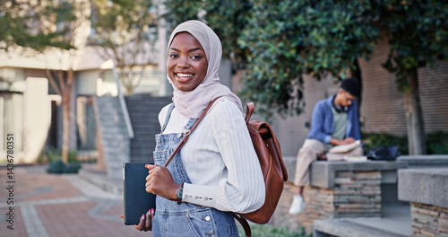 Canvas Print College, walking and portrait of Islamic woman with smile, backpack and outdoor travel for education