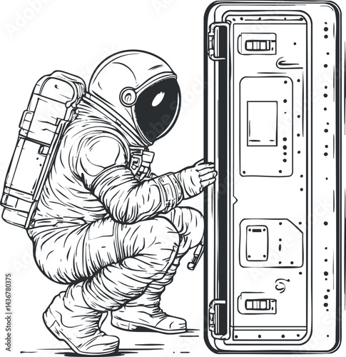Hand-drawn black and white illustration of an astronaut in a spacesuit interacting with a spacecraft hatch