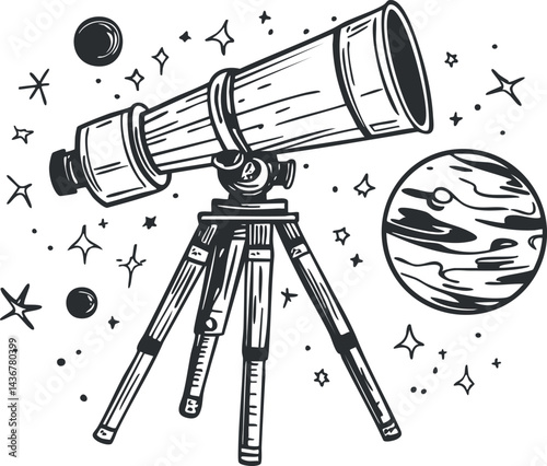 Hand-drawn illustration of a telescope on a tripod surrounded by stars and planets for astronomy observation and space exploration