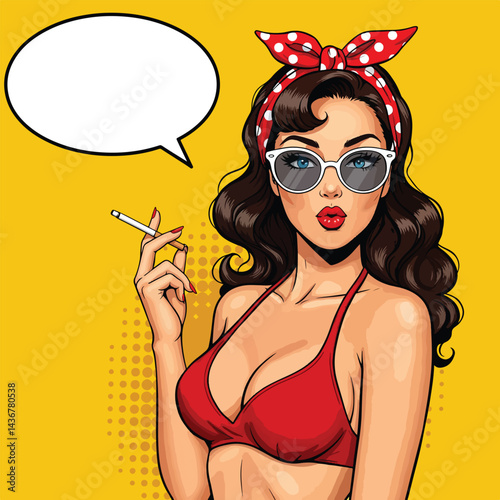 A striking pop art illustration of a pin-up girl smoking. This image is perfect for retro-themed designs, vintage-inspired graphics, or bold social media content