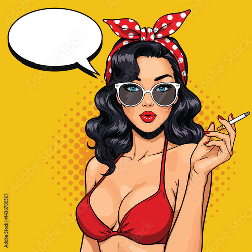 A striking pop art illustration of a pin-up girl smoking. This image is perfect for retro-themed designs, vintage-inspired graphics, or bold social media content